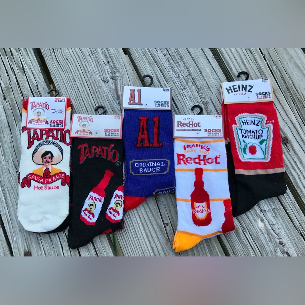 NEW 5 Licensed Mens Socks Sauces Food A1 Ketchup Tapatio Franks Red Hot Dad Gift